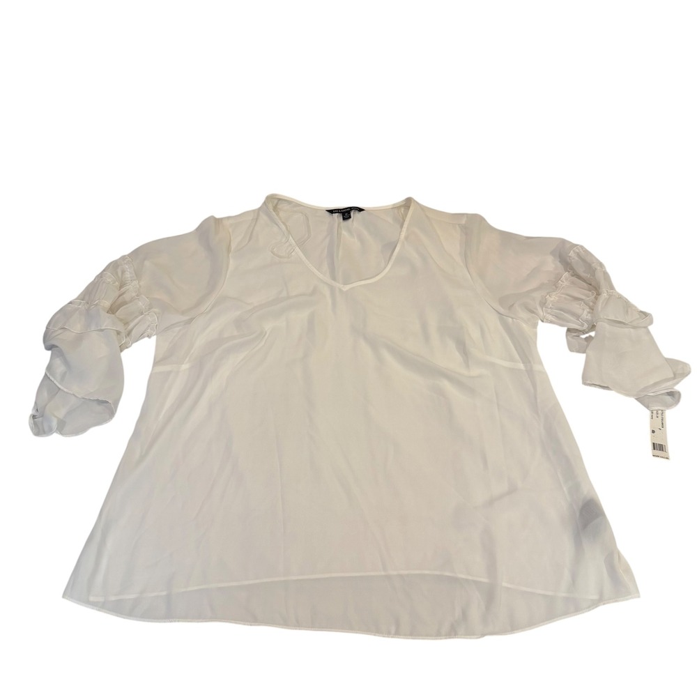 Zac & Rachel Woman Ivory Ruffle Sleeve V-Neck Blouse 3X See Through Top‎